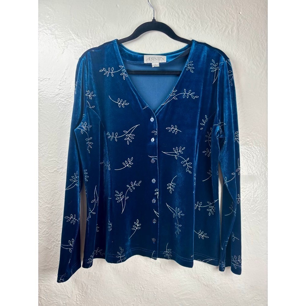 Woman's Large Blue Velvet‎ Embroidered Cardigan Top Metallic Witchy Whimsigoth